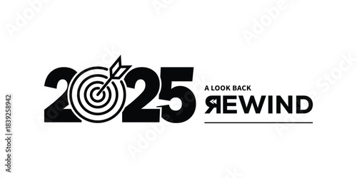 Bold black “2025 A Look Back Rewind” typography logo on white background, featuring stylized numbers and rewind text, perfect for year in review branding, recap videos, reports and presentations.