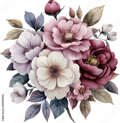 Watercolor floral bouquet, pink, purple and white flowers, generative AI