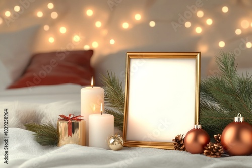 Holiday Photo Frame with Ornaments and Pine Branches – Festive Bedroom Mockup