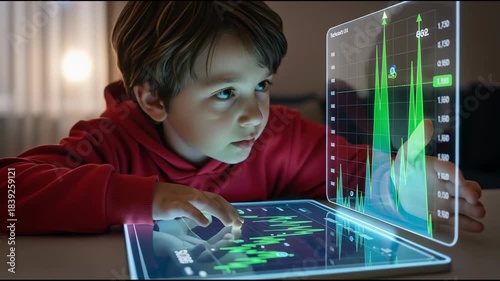 Young person interacts with digital financial data charts on a transparent screen