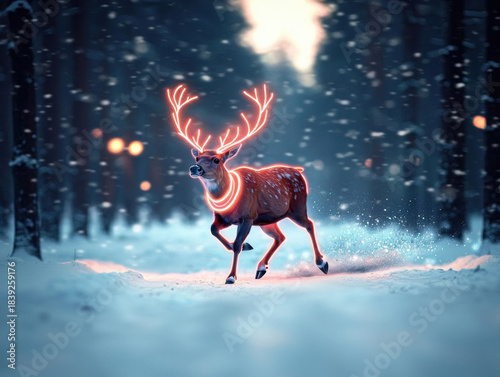 Christmas reindeer with glowing antlers runs joyfully through snowy winter forest, magical festive atmosphere with sparkling snowflakes