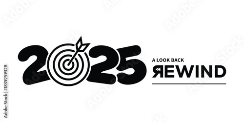 Bold black “2025 A Look Back Rewind” typography logo on white background, featuring stylized numbers and rewind text, perfect for year in review branding, recap videos, reports and presentations.