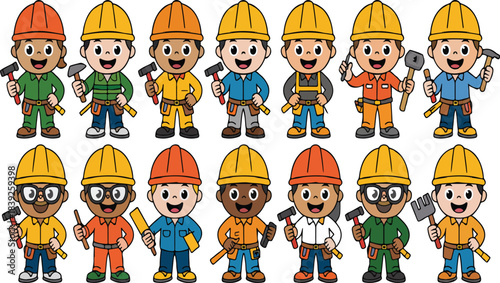 Happy diverse cartoon construction workers wearing hard hats and holding various tools professionally ready to build