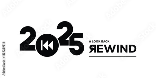 Bold black “2025 A Look Back Rewind” typography logo on white background, featuring stylized numbers and rewind text, perfect for year in review branding, recap videos, reports and presentations.