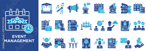 Modern icon set featuring event management, schedules, teamwork, and coordination. Perfect for presentations and infographics.