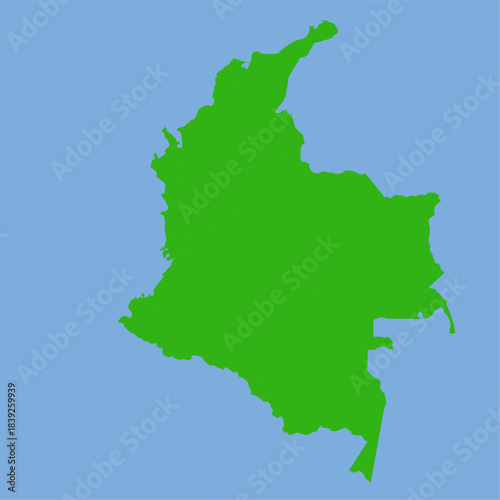 Green silhouette map of Colombia in flat vector style showing its recognizable shape and regional divisions on a light background