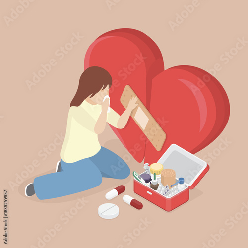 Conceptual Illustration healing of broken heart. Ending relationship and sad hurtful experience. 3d flat isometric vector.