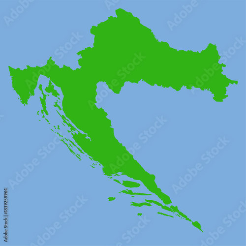 Green silhouette map of Croatia in flat vector style showing its coastal and inland shapes with clear regional outlines