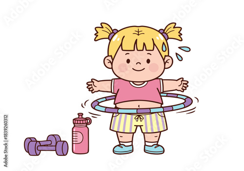 A cute cartoon girl hula hooping, sweating from exercise, with dumbbells and a water bottle nearby, promoting children's fitness.