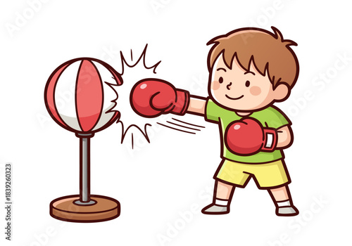 Cartoon boy in boxing gloves punching a red and white striped punching bag with a happy expression.