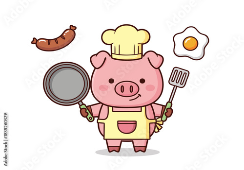 A cute cartoon pig chef wearing a hat and apron, holding a frying pan and spatula, with a sausage and fried egg.