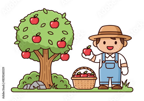 A cute cartoon farmer harvesting red apples from an apple tree into a basket on a sunny day.