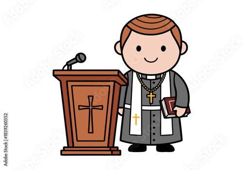 Cartoon illustration of a smiling priest or pastor standing next to a wooden podium with a cross and microphone, holding a Bible.