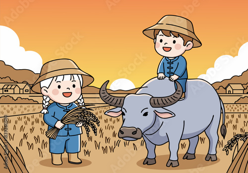 Two happy children farmers with a water buffalo in a rice paddy field at sunset, depicting traditional rural life.