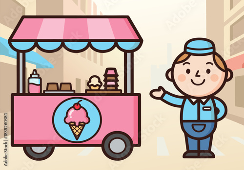A friendly cartoon ice cream vendor stands next to his pink mobile cart filled with delicious frozen treats, ready to serve customers on a sunny day.