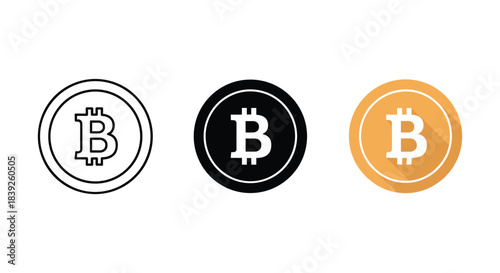 Bitcoin btc digital cryptocurrency coin icon illustration showing outline solid and color flat design styles