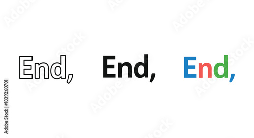 End word text icon set showing termination conclusion marker symbols in outline solid and colorful flat design styles.