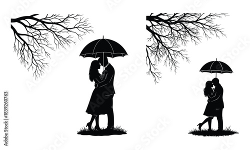 Romantic couple silhouettes embrace under umbrellas, bare tree branches