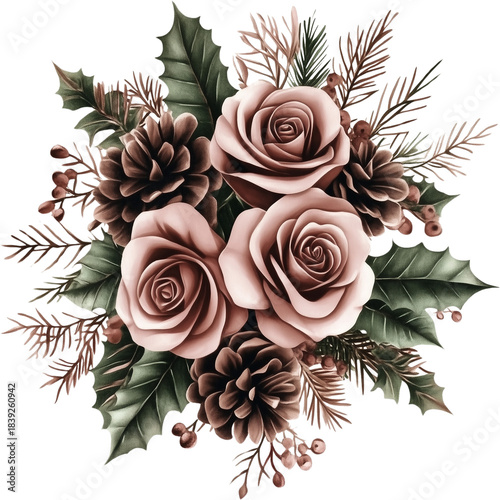 Watercolor winter flowers, brown and beige Christmas bouquet, neutral floral illustration, generative AI