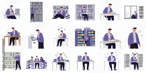 Flat Illustration Set of Male Character Studying in Library Scene Design
