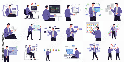 Flat Character Developer with Different Poses and Situations Illustration Set