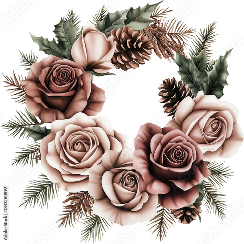 Watercolor winter flowers, brown and beige Christmas bouquet, neutral floral illustration, generative AI