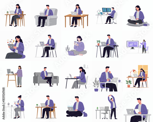 Flat Design Illustration of People Working Remotely with Laptop at Home