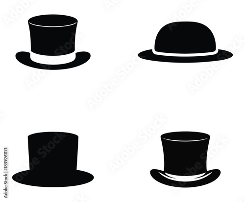 Set of black top hats and bowler hats silhouettes