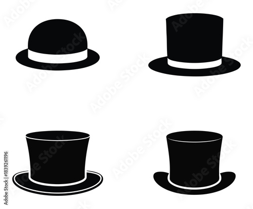Black hat silhouettes bowler hat and three variations of top hat