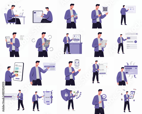 Modern Flat Line Character Man Illustration Activity Set Collection