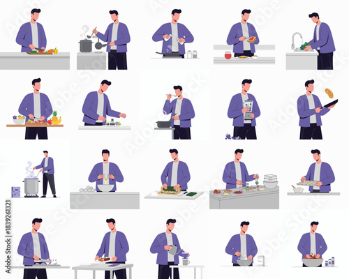 Flat Style Man Cooking Food at Home Illustration Set