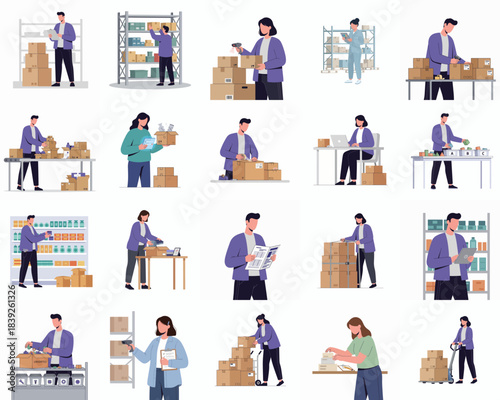 Detailed Flat Style Illustration of Warehouse Worker Character in Various Poses