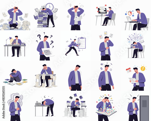 Flat Illustration of Stressed Businessman Overwhelmed with Work and Deadlines