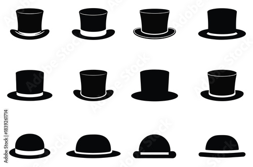 Collection of black top hats and bowler hats in various styles
