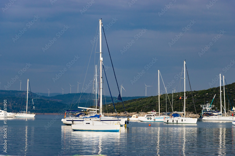 Obraz premium A tranquil marina filled with sailboats and yachts anchored on calm blue waters, with rolling green hills and distant wind turbines under a soft cloudy sky creating a peaceful coastal atmosphere.