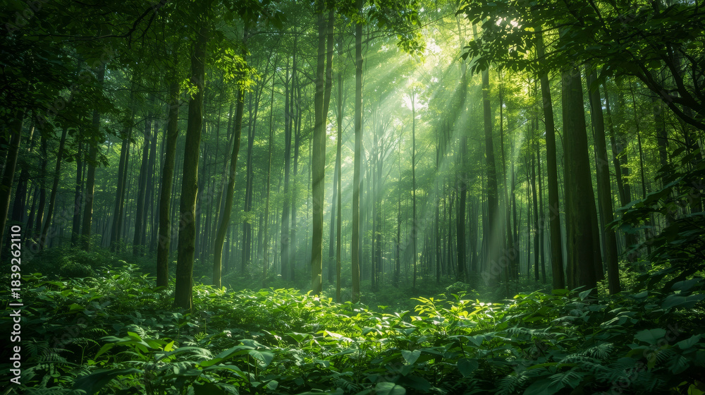 Obraz premium A lush, green forest, with sunlight filters through its dense canopy