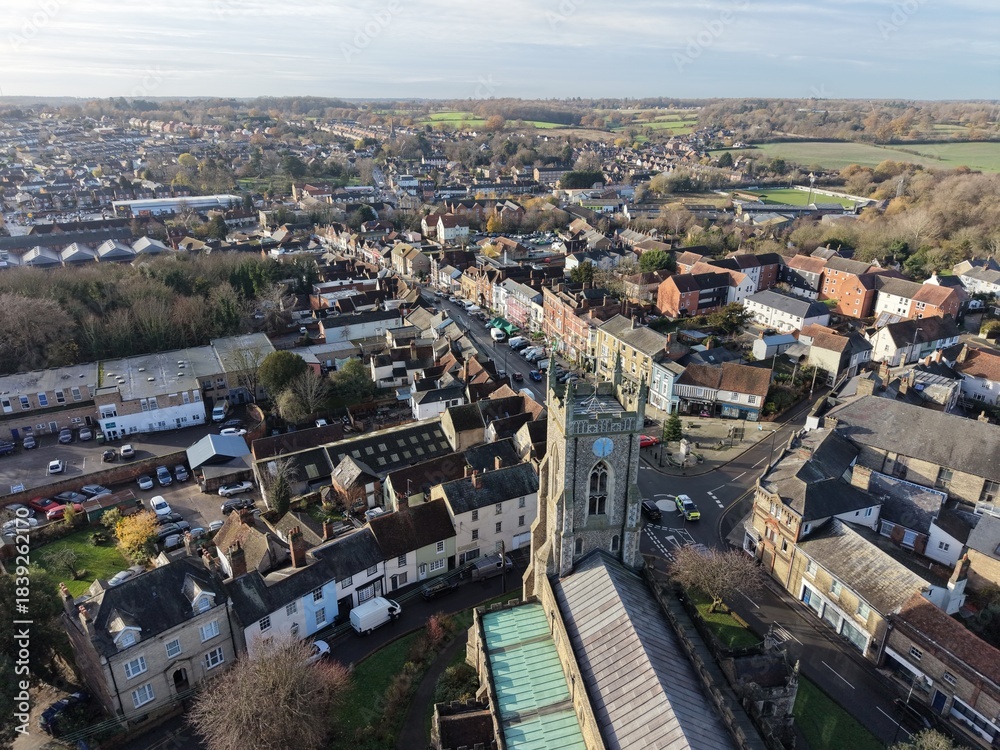 Fototapeta premium High Street Halstead Town Centre Essex UK drone,aerial winter