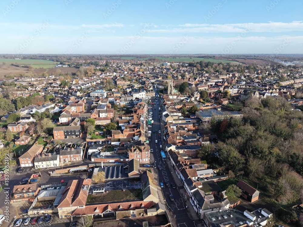 Fototapeta premium High Street Halstead Town Centre Essex UK drone,aerial high point of view