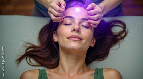 A young woman receiving alternative therapy. Holistic energy healing. Spiritual energy and holistic wellness concept.
