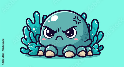 Angry Cute Octopus Cartoon Illustration.