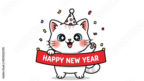 funny cartoon cat, cute white cat cartoon celebrating new year 2026 with a party hat and streamer