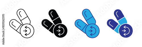 A visual depiction showcases four distinct capsule pill icons in varying color schemes and outlines high quality professional detailed modern