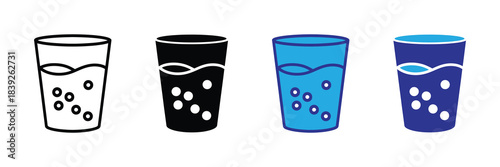 A series of four simple glass icons illustrate liquid levels progressing from empty to full with varying hues high quality
