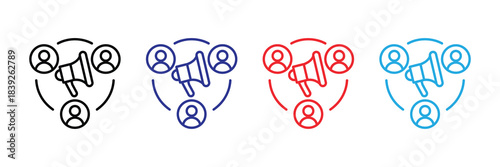 Four variations of a stylized megaphone icon are displayed each outlined in a different color arrangement high quality professional detailed