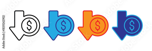 Four depictions of a downward pointing arrow containing a dollar sign inside a circle shown in different colors high quality