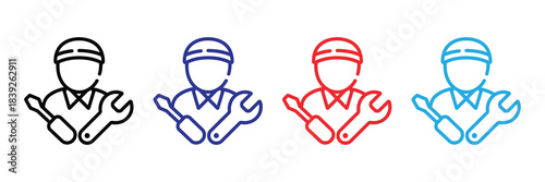 A series of four identical worker icons each outlined in a different color black blue red and cyan depicting a person with