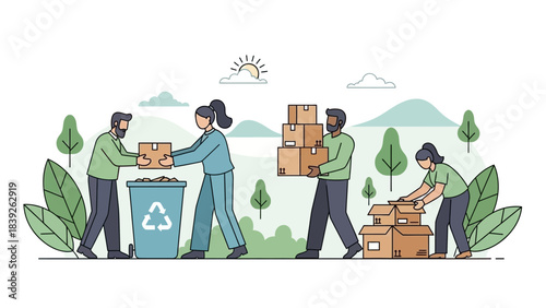 Collaborative teamwork in outdoor environment involving packing and waste