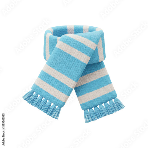 3d rendered icon of a chunky wool winter scarf with pastel blue and white stripes, plush tactile texture, isolated on a transparent background. concept of cozy winter apparel icon