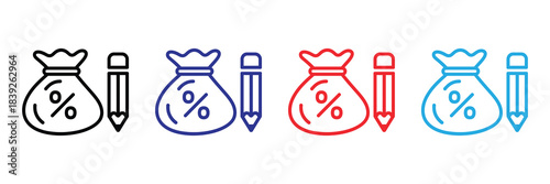 Four colorful line art icons depicting a money bag with a pencil representing financial education and planning high quality professional