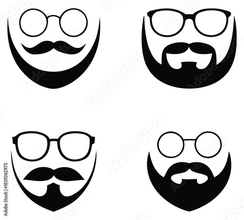 Set of hipster beard and mustache styles with glasses icons